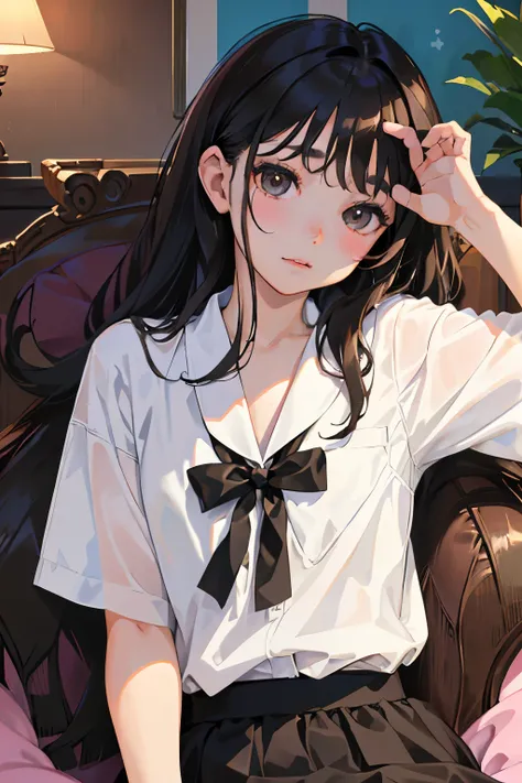 (child)，highest quality，Beautiful face in every detail，cute，Dark brown eyes，(背の低いcute女の子，Small young student，Young delicate girl）,（masterpiece，Top quality)，Black Hair，Sleepy expression，Short sleeve white shirt，Colorful checked skirt