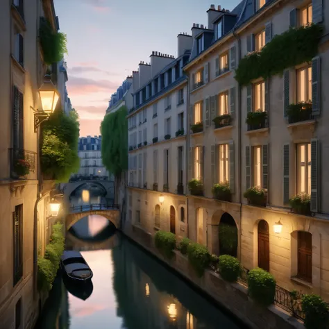 a picturesque scene of a European city, likely Paris, characterized by elegant, historic buildings with large windows glowing warmly in the evening light. The architecture features classic stone facades with wrought iron balconies adorned with lush greener...