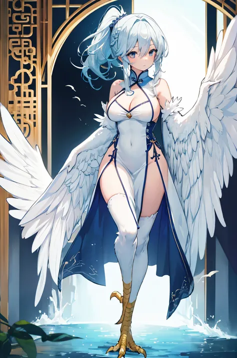 4k,high resolution,one woman,harpy,white blue hair,long ponytail,braid,big breasts,white wings,golden toenails,china dress,medie...