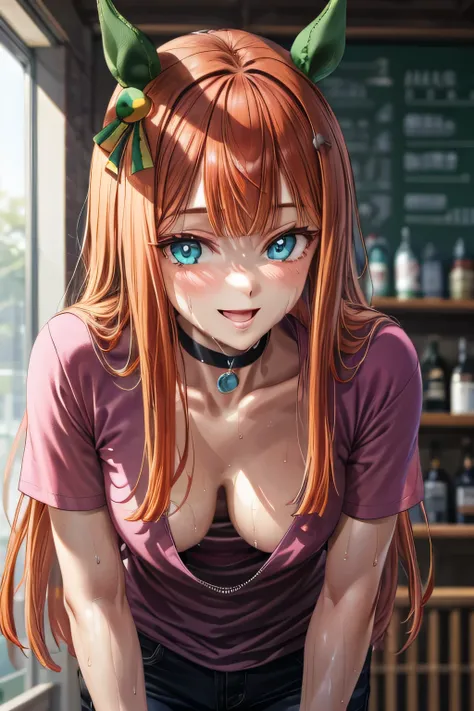 1girl,18yo,perfect hands, perfect finger,perfect anatomy, masterpiece, best quality,realistic, hyperrealistic, 16k hdr,silence suzuka (umamusume), (see through pink shirt,Loose T-shirt, downbrouse:1.2),pub,standing,(sweat:1.1),(happy smile),large breasts,c...