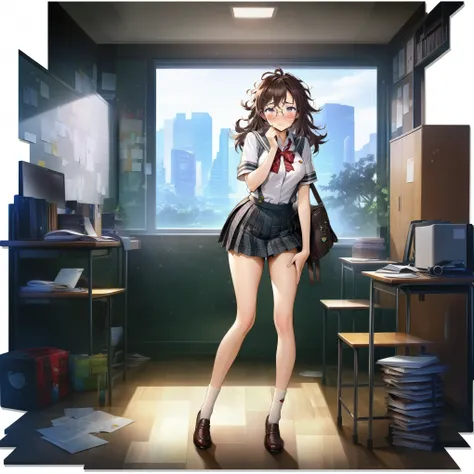 school girl, glasses, sexy, nerdy, messy hair, full body, sock, short sleeve, shy, miniskirt, breast, pleated skirt, 

transparent background,
8K, HD, HDR, masterpiece quality,
