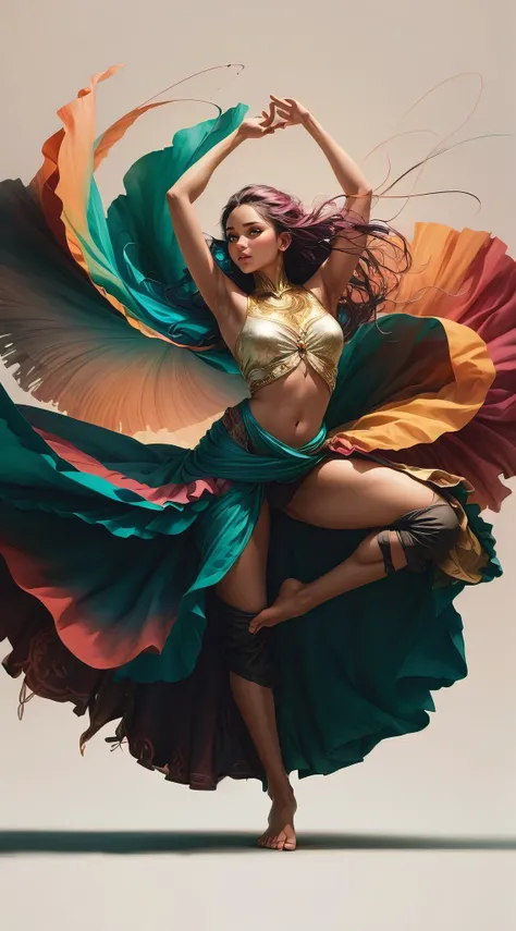 A stunning digital art piece that captures the essence of a modern, ethereal portrait. The female Gen-Z digital nomad is elegantly dancing, with her vibrant, flowing clothing and hair accentuating her movements. The background is simple, allowing the focus...