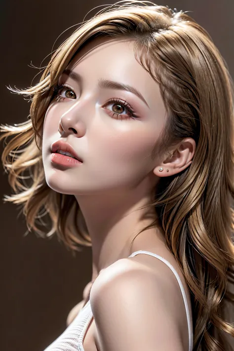 Realism, a realistic photo of (1girl:1.3, 20-year-old), ((in a photo studio)), (Warm color background:1.25), (blonde hair, (wavy, combed up, behind the ear), ultra details:1.3), (extremely detailed CG unity 8k wallpaper), (best high quality real texture sk...