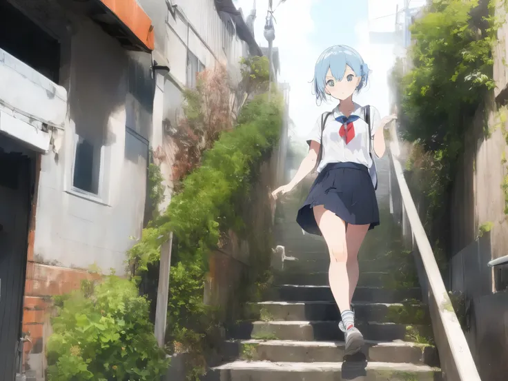  in long skirt、Steep stairs at school、Shirt clinging to no-bra 、Cute white underwear showing off a lifted skirt、Light blue color、Sweaty shirt