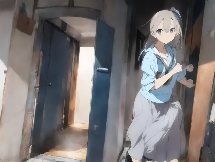  in long skirt、Steep stairs at school、Shirt clinging to no-bra 、Cute white underwear showing off a lifted skirt、Light blue color、Sweaty shirt、Cute underwear visible from under the stairs
