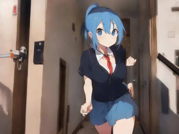  in long skirt、Steep stairs at school、Shirt clinging to no-bra 、Cute white underwear showing off a lifted skirt、Light blue color、Sweaty shirt、Cute underwear visible from under the stairs