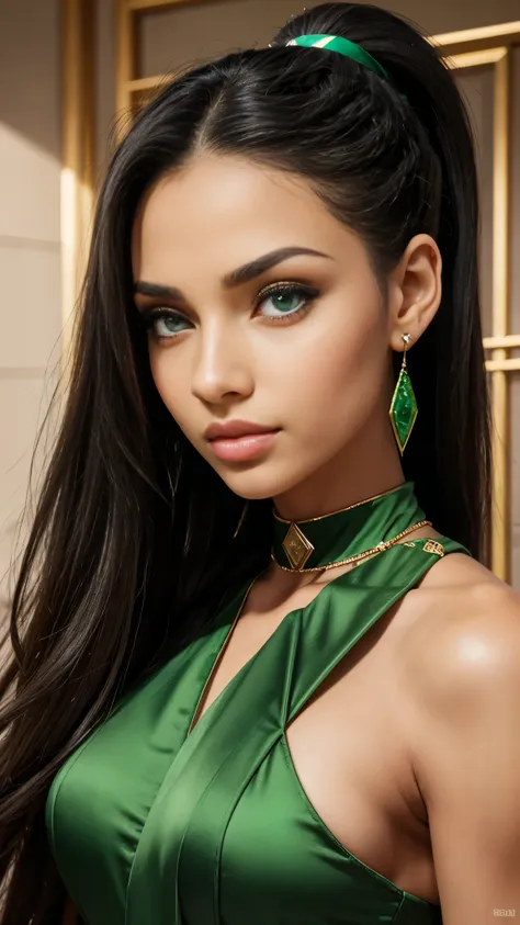 diamond face shape, green eyes, eyes egyptian, big lips, lips natural colored, beautiful, long hair, black hair, hair in a ponyt...