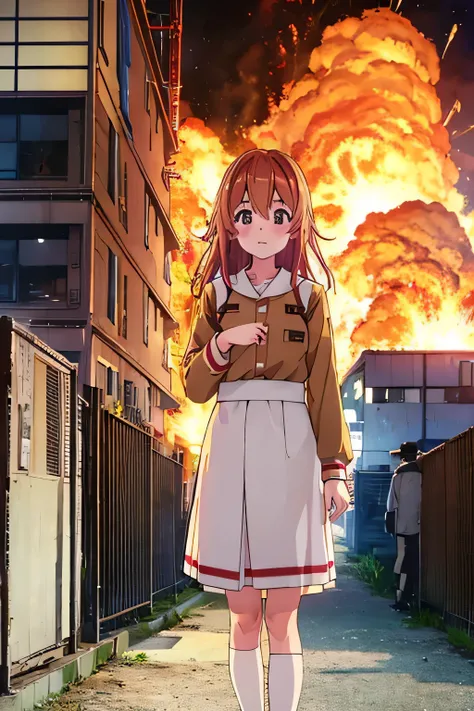 Sumi Sakurasawa、holding hundgun、at night、fence、1 girl、Wearing military uniform、Military base exploding in flames、The building is on fire