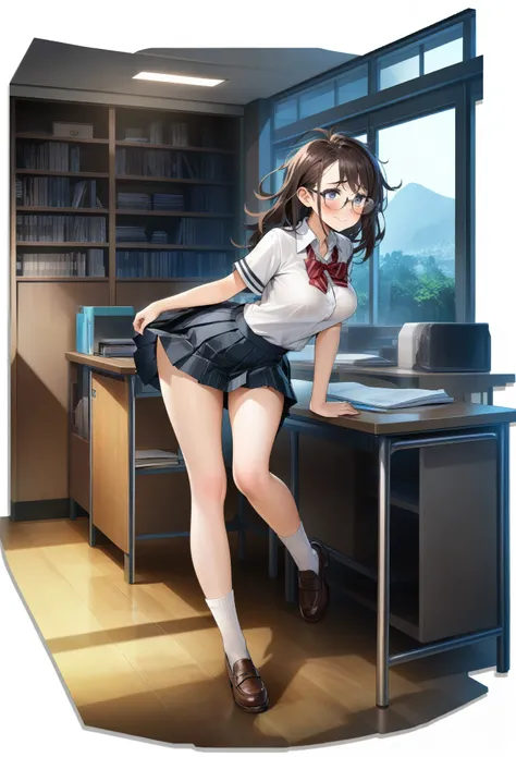 1girl, solo, school girl, glasses, sexy, nerdy, messy hair, full body, sock, short sleeve, shy, miniskirt, breast, pleated skirt, 

((transparent background)),
8K, HD, HDR, masterpiece quality,
