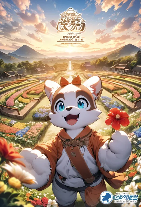 cover page, super high resolution, detailed background, World Heritage Site, flower garden, 6+boys, 6+girls, Happy, joyful, Relux, absurdres(Photos of solo travelers)(kemono, furry anthro)cinematic, dynamic angle,