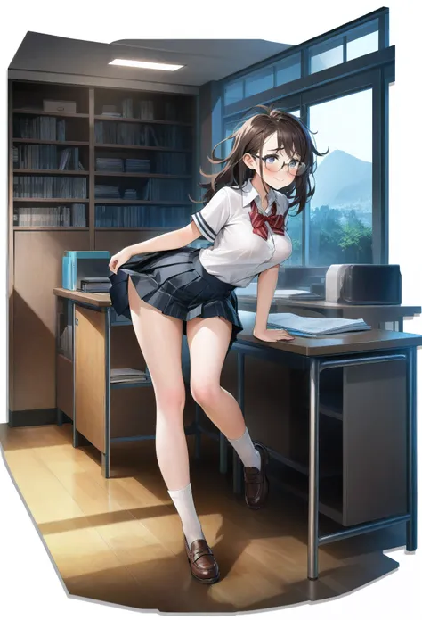 1girl, solo, school girl, glasses, sexy, nerdy, messy hair, full body, sock, short sleeve, shy, miniskirt, breast, pleated skirt...