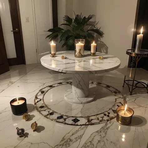 Marble table, there are tarot cards on it, crystals are scattered and candles are burning , Realistic photo