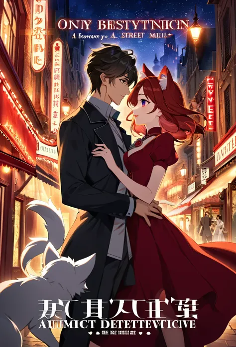 movie poster, highres, top quality, best quality, perfect artwork, absurdres, perfect anatomy(young male detective and a woman in Chinese dress furry, kemono, anthro)arafed image of a couple in a city street at night, moulin rouge, movie artwork, concept a...