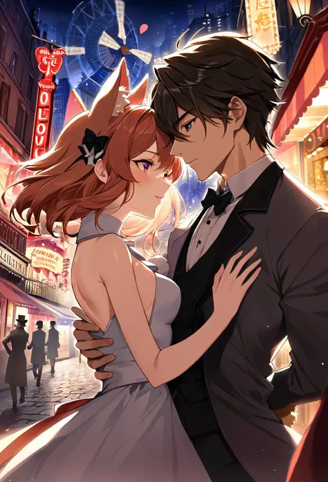 movie poster, highres, top quality, best quality, perfect artwork, absurdres, perfect anatomy(young male detective and a woman in Chinese dress furry, kemono, anthro)arafed image of a couple in a city street at night, moulin rouge, movie artwork, concept a...