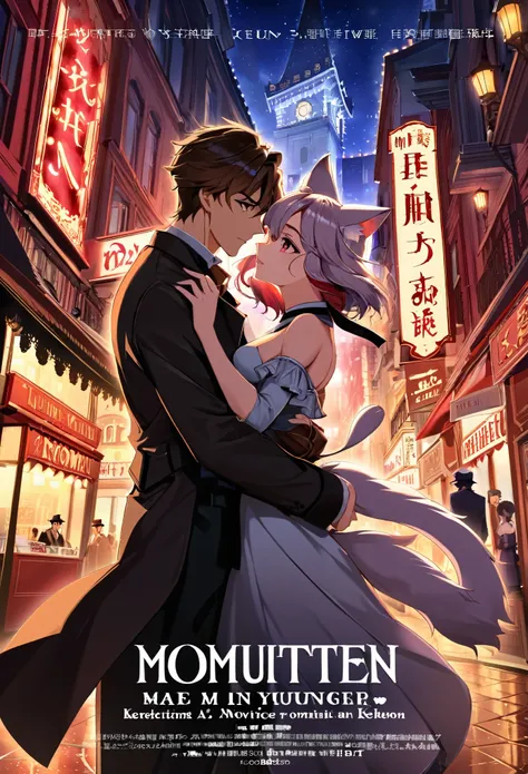 movie poster, highres, top quality, best quality, perfect artwork, absurdres, perfect anatomy(young male detective and a woman in Chinese dress furry, kemono, anthro)arafed image of a couple in a city street at night, moulin rouge, movie artwork, concept a...