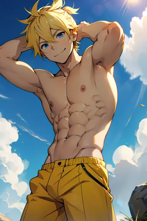 kagamine len(/vocaloid/), blonde hair, blue eyes, manly face, smile, shirtless, slim, fit, abs, closed mouth, outdoors, sky, day, briefs, cloud, sunny, pants, (ponytail:0)