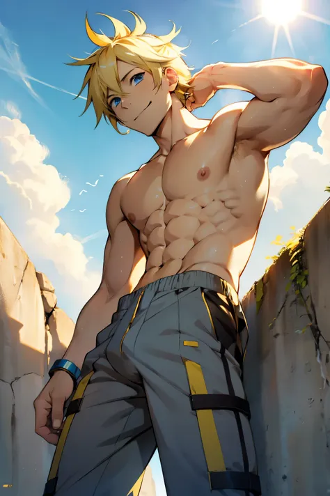 kagamine len(/vocaloid/), blonde hair, blue eyes, manly face, smile, shirtless, slim, fit, abs, closed mouth, outdoors, sky, day...