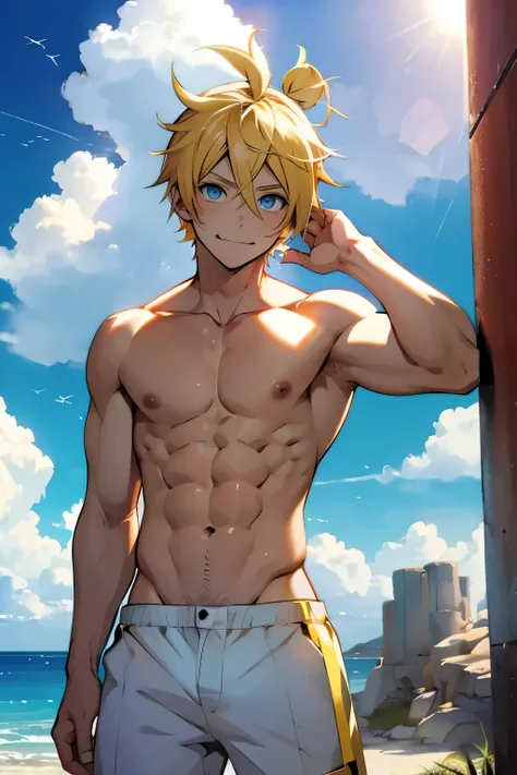 kagamine len(/vocaloid/), blonde hair, blue eyes, smile, shirtless, slim, fit, abs, closed mouth, outdoors, sky, day, briefs, cloud, sunny, pants,