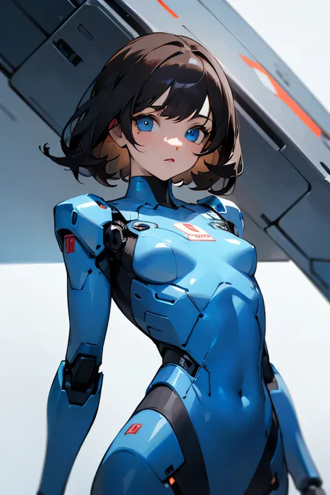 Female, Dark hair, Blue eyes, robot body