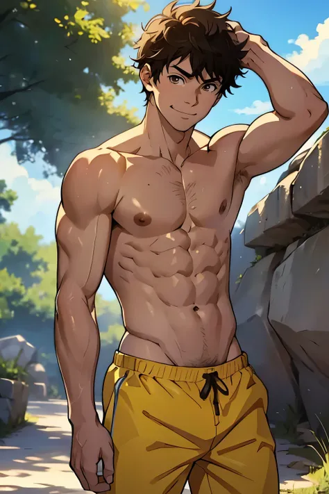 aoi ashito(/ao ashi/), brown hair, brown eyes, smile, shirtless, slim, fit, abs, closed mouth, outdoors, sky, day, briefs, cloud, sunny, pants,