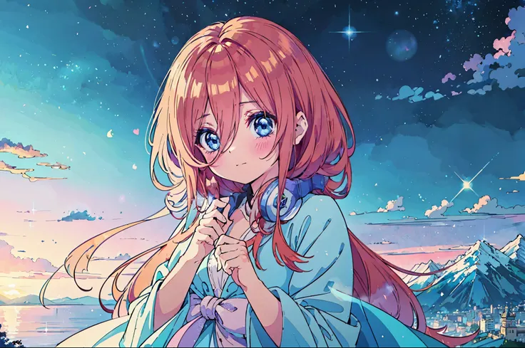 official art, unified 8k wallpaper, Super detailed, beautiful and Aesthetic, high quality, beautiful, masterpiece, best quality, (tangled, mandala, tangled, twist: 0.6), 1 female,  Miku nakano, blue eyes,  fluffy brown red hair, nakano_miku, sparkling eyes...