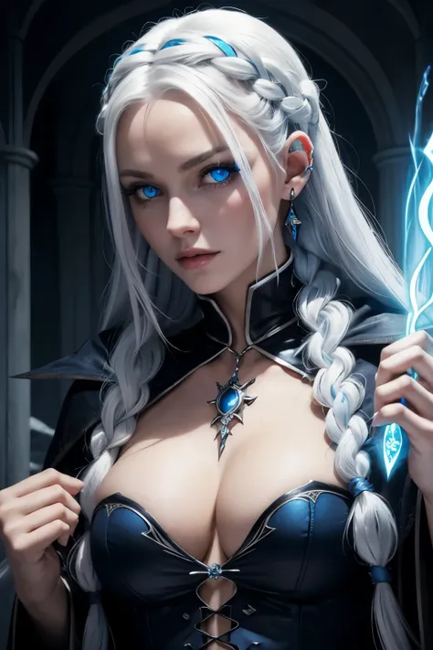 Evil sorceress, piercing blue eyes, white hair, braided hair, casting a spell