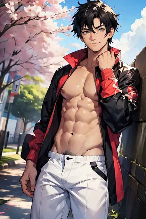 hakura sakura(/wind breaker/), half white and half black hair, gold eye, green eye, smile, shirtless, slim, fit, abs, closed mouth, outdoors, sky, day, briefs, cloud, sunny, pants,