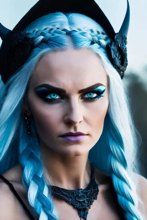 Evil sorceress, piercing blue eyes, white hair, braided hair, casting a spell