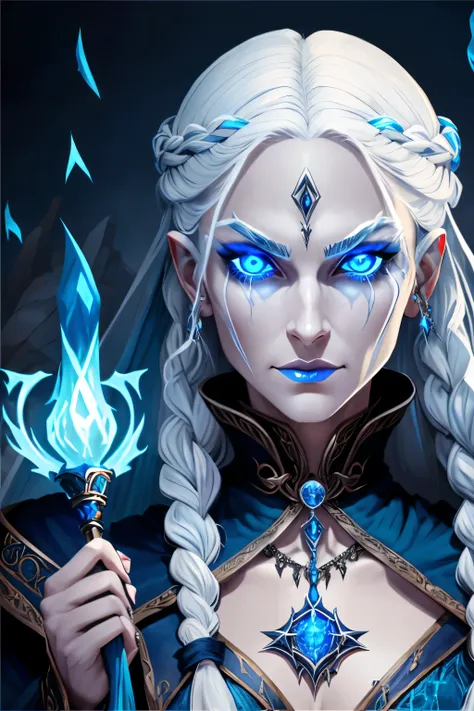 Evil sorceress, piercing blue eyes, white hair, braided hair, casting a spell