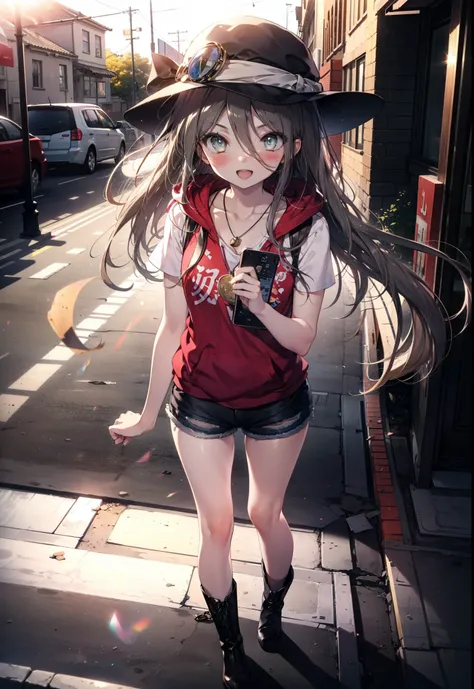 Shana,灼眼のShana,Long Hair, black eye, Small breasts,smile,blush,Open your mouth,Applejack Hat,Tank top shirt,Red hoodie,Short sleeve,Shorts,Black Neeso,Locket Necklace,short boots,Looking down from above,whole bodyがイラストに入るように,morning,morning陽,The sun is ris...