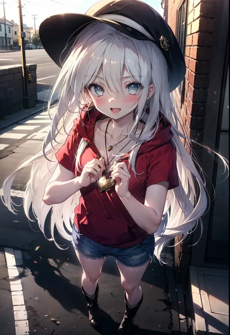 Shana,灼眼のShana,Long Hair, black eye, Small breasts,smile,blush,Open your mouth,Applejack Hat,Tank top shirt,Red hoodie,Short sleeve,Shorts,Black Neeso,Locket Necklace,short boots,Looking down from above,whole bodyがイラストに入るように,morning,morning陽,The sun is ris...