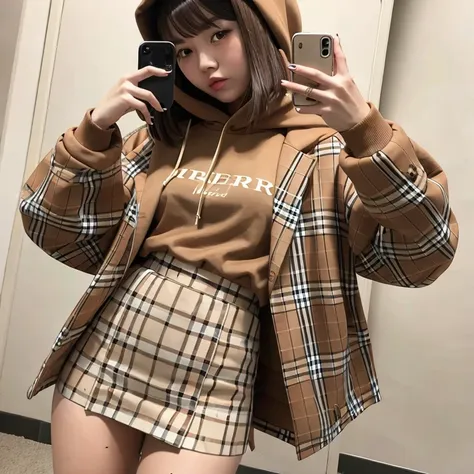 brown oversized hoodie and burberry check plaid mini skirt