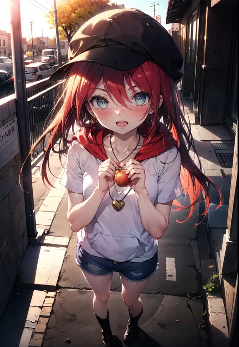 Shana,灼眼のShana,Long Hair, Red Hair,Bright red eyes, Small breasts,smile,blush,Open your mouth,Applejack Hat,Tank top shirt,Red hoodie,Short sleeve,Shorts,Black Neeso,Locket Necklace,short boots,Looking down from above,whole bodyがイラストに入るように,morning,morning陽...