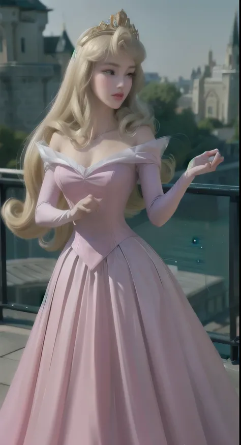 Princess, Long, slender legs, Big Breasts, Sexy pose, beautiful Princess, Background of the ball ，One girl, Aurora Wife, (Purple eyes), Long Blonde Hair, Pink Dress, Long skirt, tiara, Standing in a Victorian royal bedroom, In front of the window, Gold Cur...