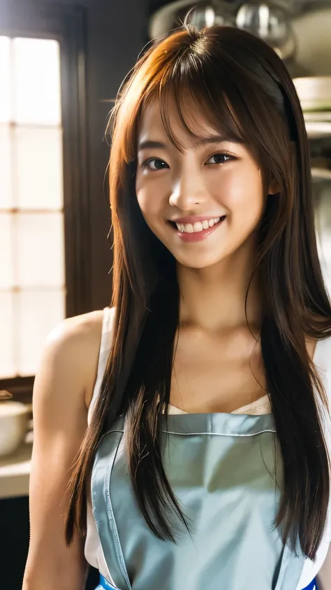 one girl,long hair,smile, ((apron)),(kitchen) 、raw photos, (photorealistic:1.37, realistic), 8k wallpaper incorporating highly d...