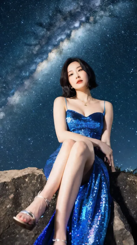 Beautiful woman with short hair ,dress,Milky Way