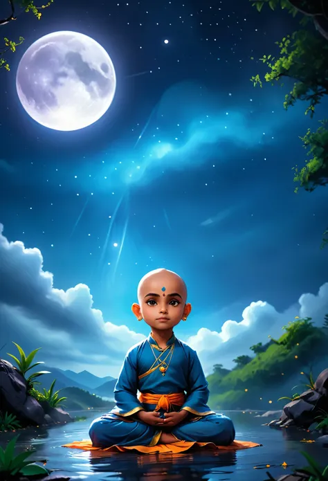 Child image of a bald Indian meditating. roupas de costumes budista. night sky , com uma enorme lua cheia. cinematic lighting. Child Full moon landscape