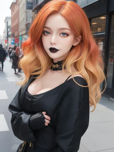 masterpiece, adult, street, woman with blonde to red ombre hair, goth, black lipsticks