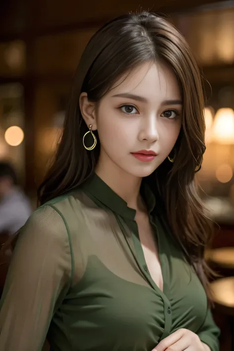 masterpiece, highest quality, Realistic, Very detailed, Finer details, High resolution, 8k wallpaper, One beautiful woman, Wear a dark green see-through shirt, In a great restaurant, At night, Light brown messy hair, Perfect dynamic composition, Beautiful ...