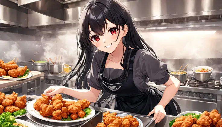 ((cooking style)) (making chicken karaage in big flyer), (in a lovely black apron dress) (solo straight black hair long hair cut...