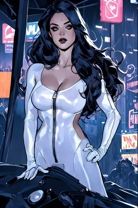 ((melhor qualidade)), ((obra de arte)), (detalhado: 1.4), (absurdo), Alison Tyler (((corpo inteiro))) in comic book panel, full body, bold lineart illustration comic, seductive blue eyes, parted lips, perfect body, curvy, long black hair, fitness, nsfw, in...