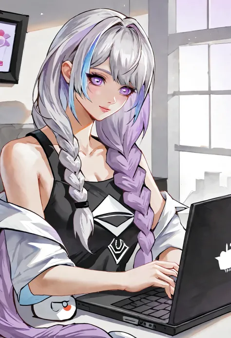 yinji,1 girl,1 boy，Embrace,A laptop in the middle，purple_hair,purple_Eye,Very_long_hair,grey_hair,Braided_Ponytail,Big goals_Chest,slope_hair,
