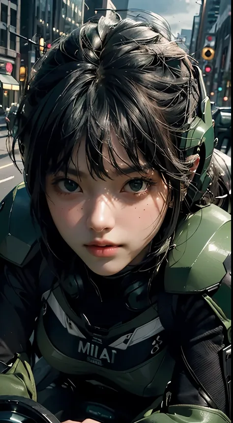 Highest image quality, Premium details, Ultra precision, (realism: 1.4), Best explanation, Fit details, Very intense 1 girl, With a delicate and beautiful face, Micah wears black and green, He wears a mecha helmet, Holding the direction controller, riding ...