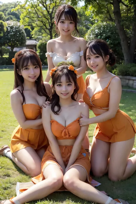 ((Best quality, masterpiece)), five lifelong friends,japanese idol,costume,((orange juice)), warmly embracing, smiling ear-to-ear, surrounded by lush greenery and a crisp blue sky, basking in the sunshine of a perfect day.