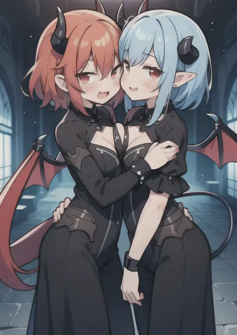 8K,  femboy and girl, petit, teen, kawaii vampire, blue hair, crimson hair, short hair, red eyes, bat wings, smile, (blush), (shy), fang, pointed ears, looking at viewer,  dynamic angle, wind, game cg, fantastic scenery, demon tail, thin tail, black horns,...