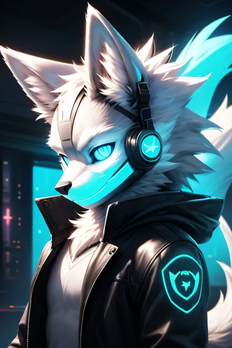 young werewolf, white fur, wearing a black jacket with neon details, sporting a cybernetic mask, with gamer headphones, profile ...