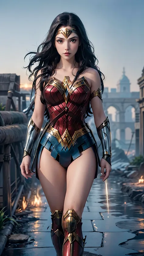 (la mejor calidad,the high resolution,ultra - detallado,actual),ariana grande es la wonder woman white ,,(fondo de ruinas de maz...