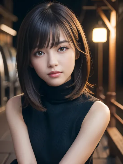 Product quality, 1 girl, Cowboy Shot, Front view, Young and cute girl in Japan, Long Bob Hair, At night, Wearing a black knitted turtleneck sweater, Wearing a mini skirt, Super cute face, Glossy lips, Double eyelids on both eyes, Natural Makeup, shiny smoo...