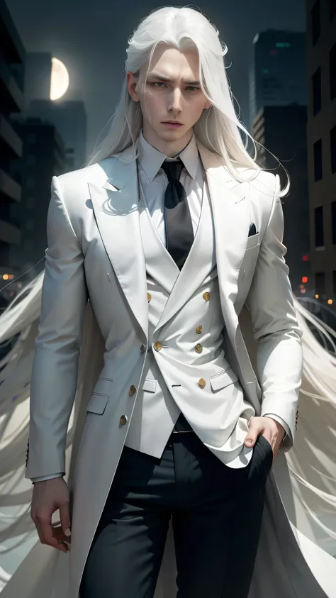 Masterpiece of Solo Focus:
A striking image of a lone figure, a man with pale skin, long white hair cascading down to his waist, and piercing white eyes underlined by light eyebrows. His face, with perfect features (1.1), is frozen in a dramatic expression...