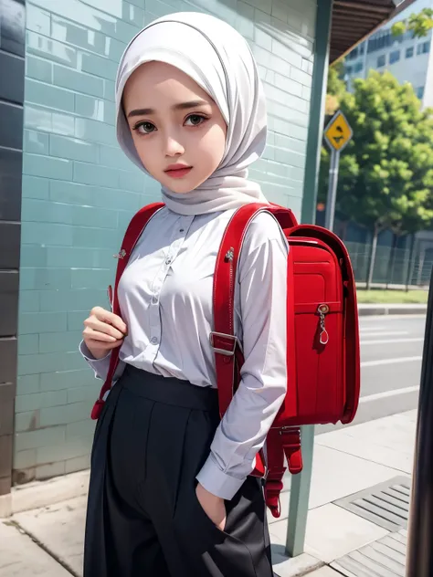 masterpiece, hd, realistic, malay girl in hijab wear big oversized loose white collared shirt and high waist pants,(hijab:1.1), ...